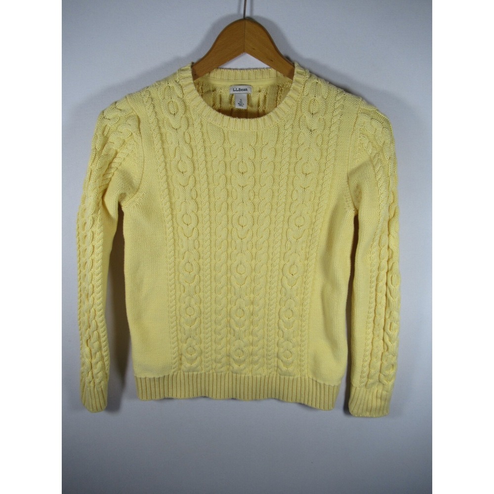 LL Bean Cable Knit Sweater Women Small Yellow Pullover Cotton 298839